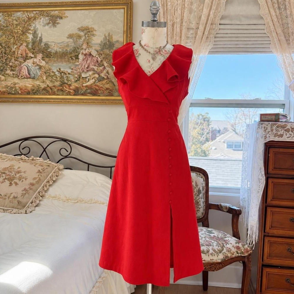 vintage red dress  preppy old money ruffle collar side button detail dress